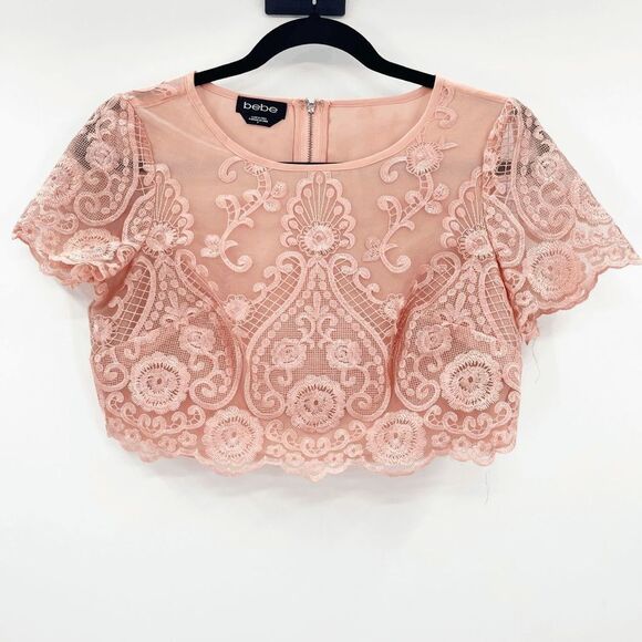 Bebe Orange Lace Scallop Hem Crop Top Women's Size 0‎ - Picture 2 of 5
